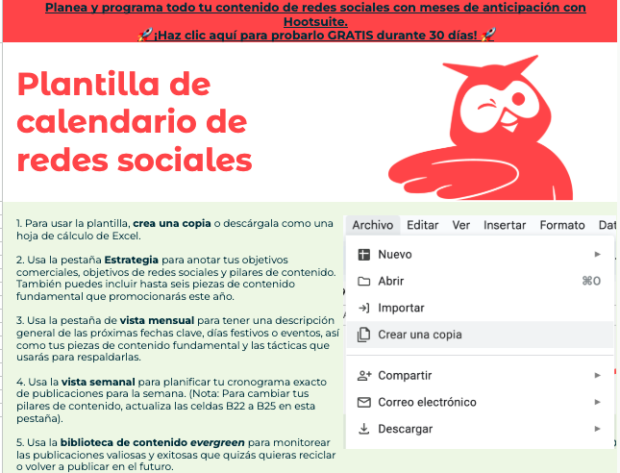 vista previa del calendario de contenido de redes sociales gratuito de Hootsuite